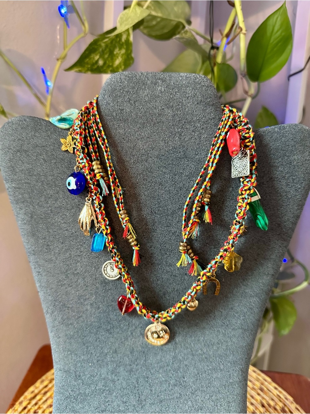 Handmade Multicolor Braided Charm Necklace with Gold Accents NWOT